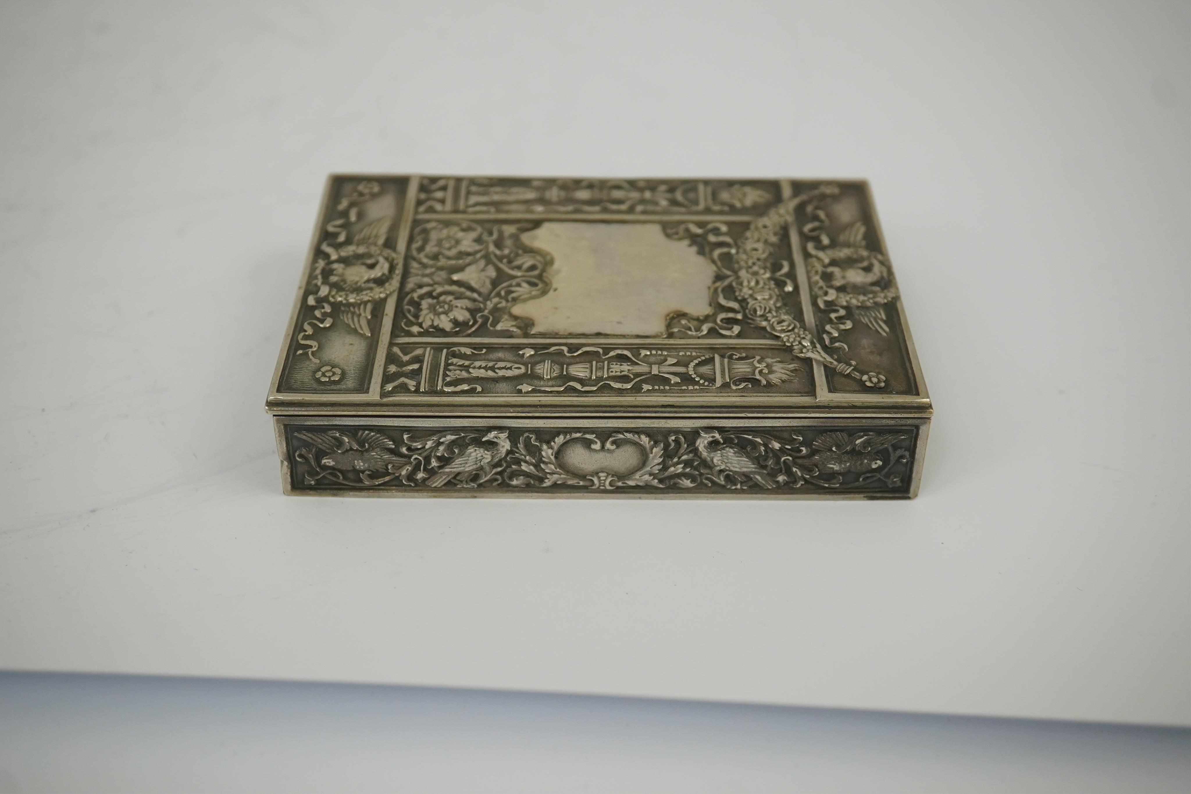 An early 20th century Russian 84 zolotnik silver embossed rectangular box, master V. Pivkin